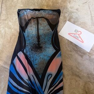 Strapless Blue & Pink Printed Maxi Dress